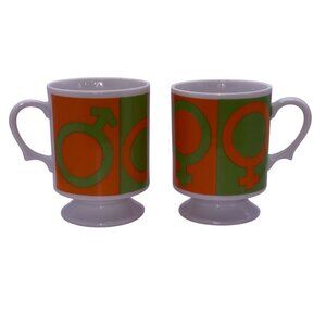 Vintage 1970s Pop Art His Hers Coffee Mugs Orange Green Gender Symbol Mod Pair